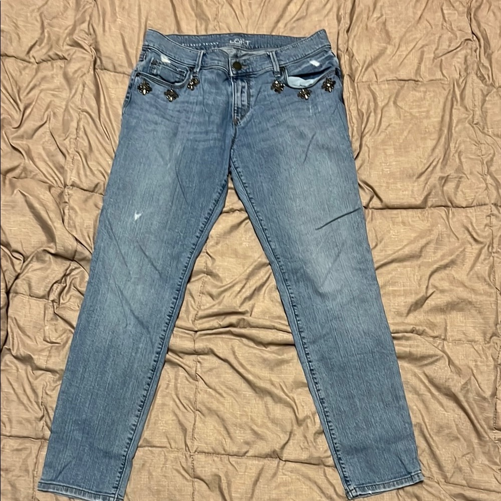 LOFT Blue Straight Relaxed Skinny Jeans Distressed Vintage Look Embellished